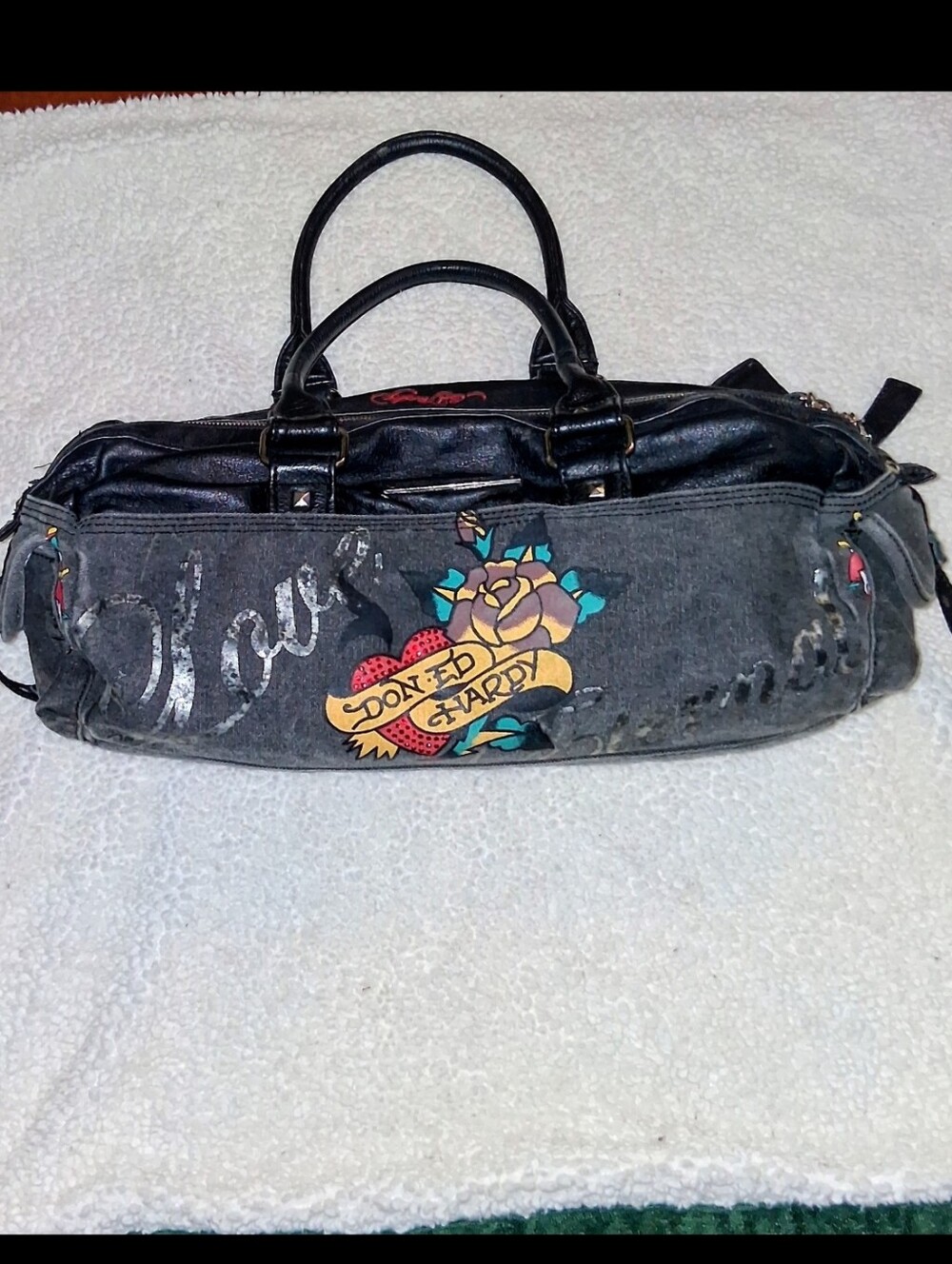 Embellished Black Graphic Satchel Bag